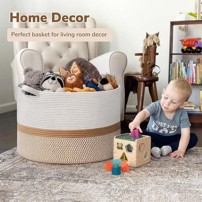 INDRESSME XXXLarge Woven Rope Blanket Basket Living Room White Camel, 90L | 21.7" x 13.8" Storage baskets for toys laundry & pillows. Fits living room, bedroom or nursery décor. Soft-touch with handles