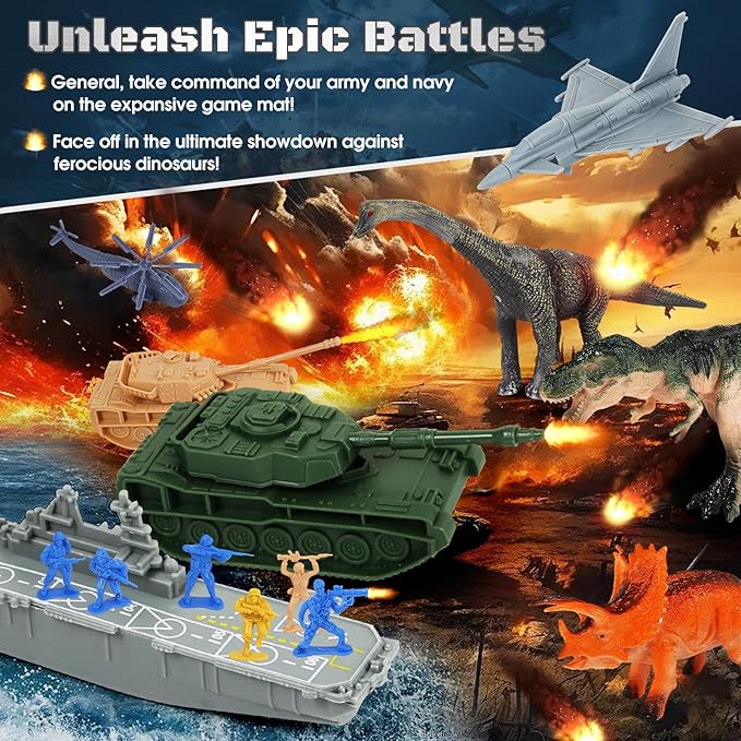 MOONTOY Army Men and Dinosaur Military Playset, 128PCS Toy Soldiers with Tanks, Jets, Missiles, Vehicles & Battle Mat, Army Men Action Figures, Christmas Birthday Gift for Kids Boys and Girls Ages 3+