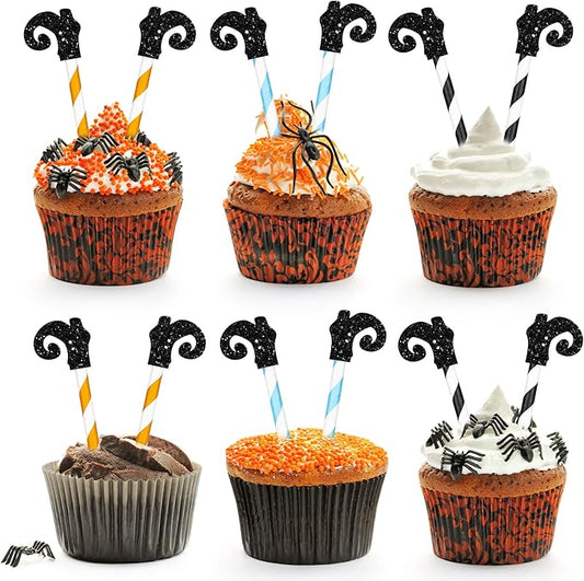Gyufise 24Pcs Witches Legs Cupcake Toppers Halloween Cake Decorations Witches Boot Feet Themed Kids Boy Girl Halloween Witches Party Supplies Babyshower Decorations
