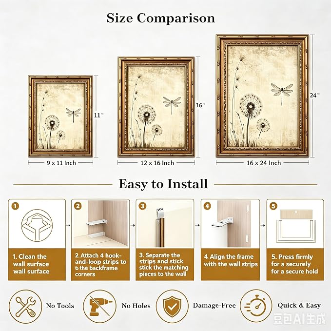 Vintage Gold Framed Canvas Wall Art Beige Dandelion Dragonfly Painting Picture Wall Decor Country Botanical Insect Poster Print Artwork for Living Room Bedroom Home Decoration