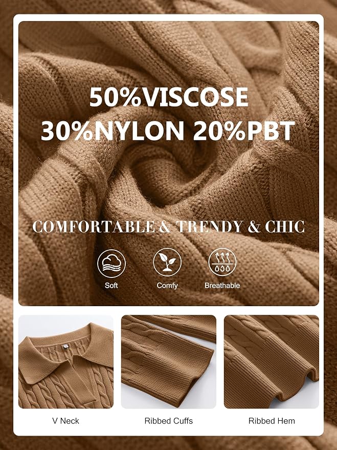 ANRABESS Womens Cable Knit Sweaters Long Sleeve V Neck | Pullover Collared Sweater Tops, Polo Knit Shirts, Business Casual Work, Tennis Golf, Fall Winter Fashion Outfits