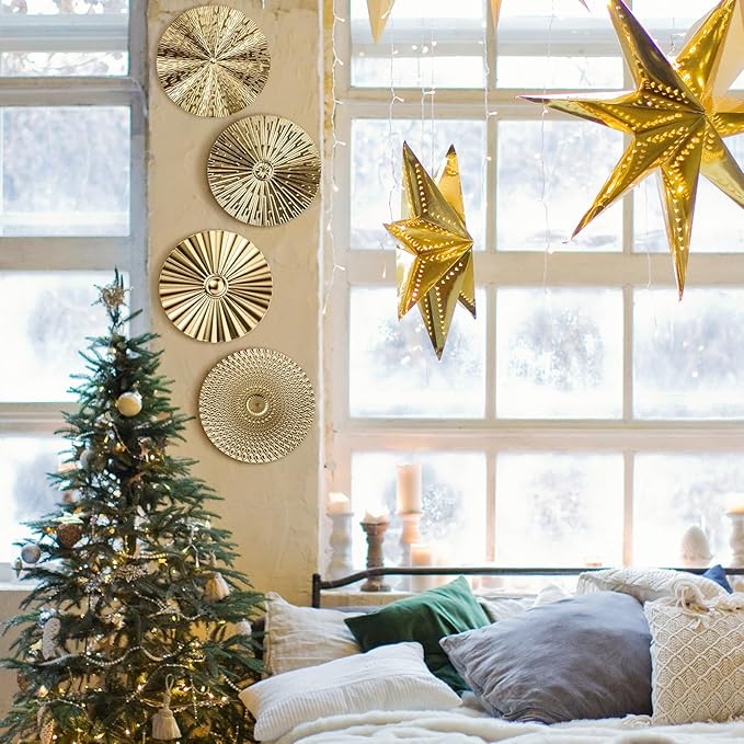Hicarer 4 Pcs 12 Inch Gold Metal Wall Art Decor Modern Sunburst Hanging Artwork Decor Wall Decorations for Home Bedroom Bathroom Living Room Office Sculpture Gift