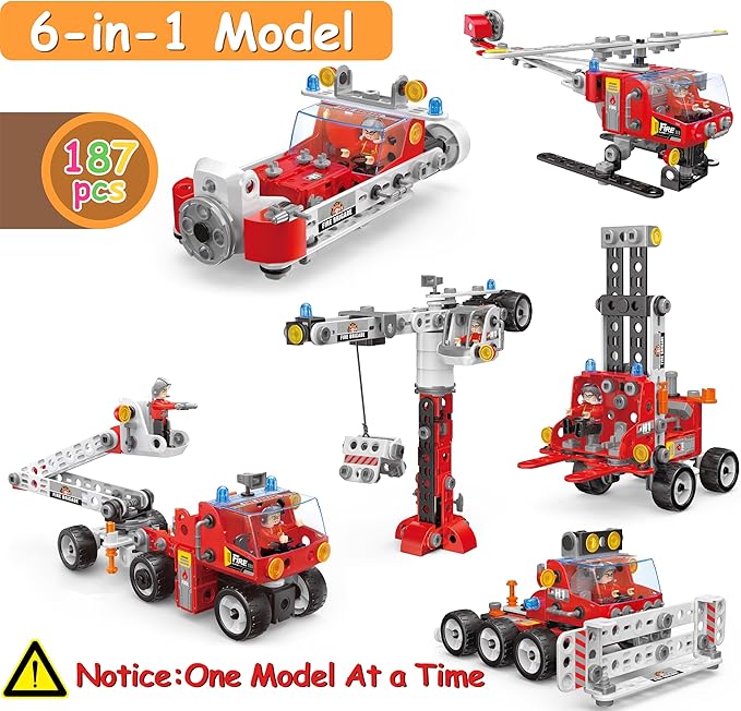 6-in-1 STEM Toys for 4 5 6 7 8+ Year Old Boy 187-Piece Educational Construction Blocks Stem Building Toys for Kids Ages 4-8 8-10 Creative Construction Toys Birthday Valentine Gift for Boy Girl