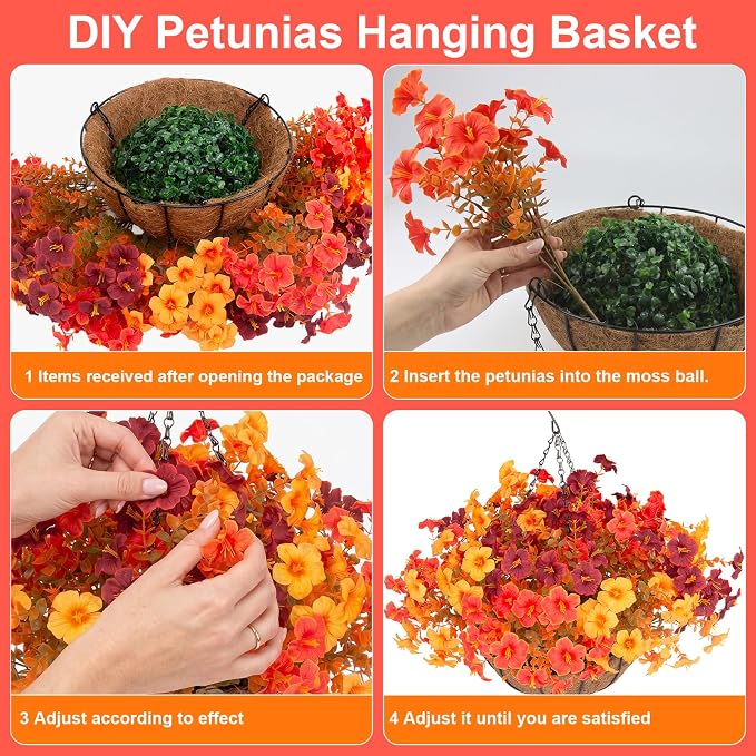 Daynight 2 Set Artificial Outdoor Fall Flowers with Hanging Baskets, 24 Pcs Faux Petunias Flowers with Hanging Planter for Outside Porch Yard Garden Autumn Decor (2, Orange)
