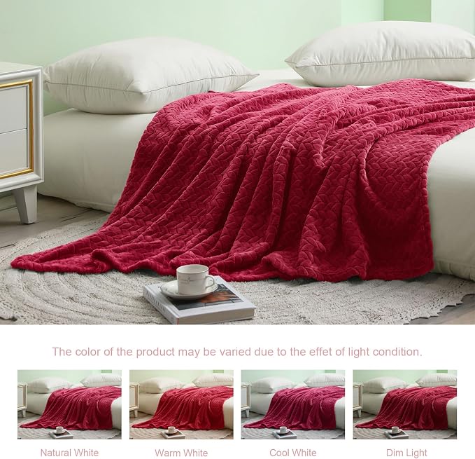 Exclusivo Mezcla Soft Fleece Bed Blanket Twin Size, 60”x80”, Deep Red | Cozy Fluffy Lightweight Blankets for Summer, Decorative Plush Flannel Throws for Living room, Bedroom with Leaves Pattern