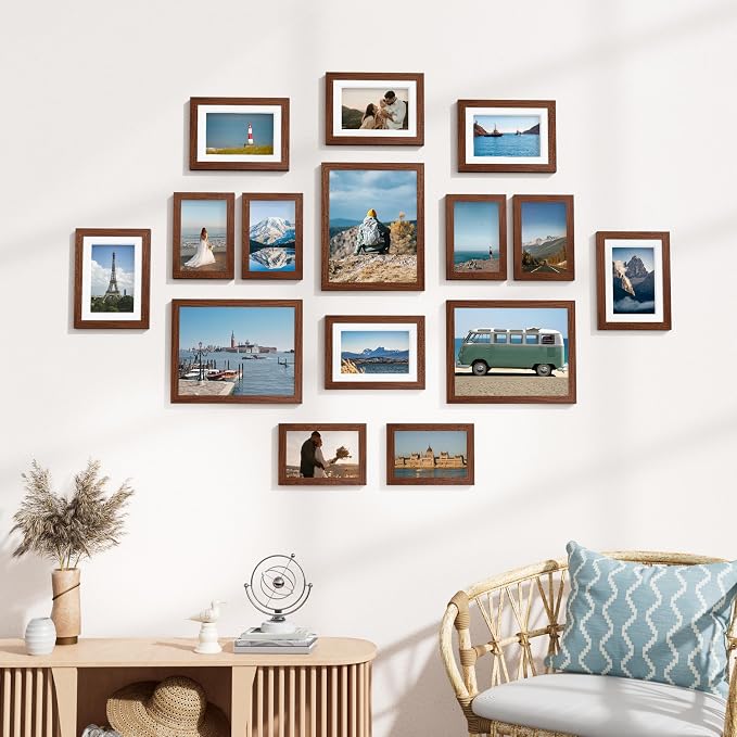 Vittanly 15 Pack Picture Frames Collage Wall Decor, Wall/Tabletop Display | Walnut Brown, Multi-Size Gallery Wall Frame Set: 3pcs 8x10, 6pcs 5x7, 6pcs 4x6. Picture Frame Set for Family