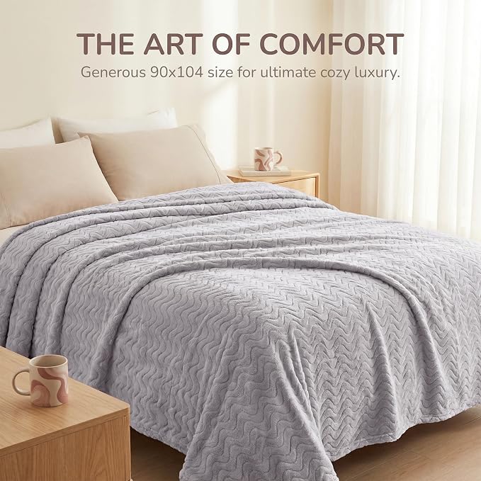 Exclusivo Mezcla Soft Fleece Blanket Queen Size for Bed, Sofa, Light Grey | 90"x90" Breathable Lightweight Flannel Blanket for Summer, Plush Cozy Jacquard Wave for Home Decor