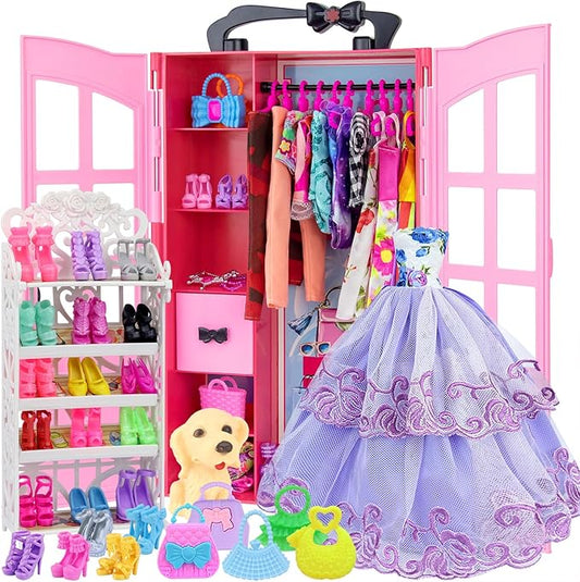 Ecore Fun 120 Pcs Fashion Doll Closet Wardrobe for Clothes and Accessories Storage Include Clothes, Dresses, Shoes, Shoes Rack, Bags, Necklace, Hangers for 11.5 Inch Girl Doll Clothes