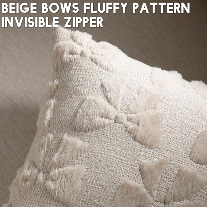Mixweer Beige Bow Pillow Covers Set of 2 Preppy Room Decor Coquette Cute Spring Summer Decorative Faux Fur Soft Bowknot Stuff Fluffy Plush Aesthetic Pillowcase for Bed Sofa Couch (18 x 18 Inch)