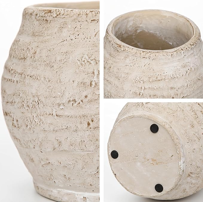 Briful Rustic Vintage Ceramic Pottery Vase, 5.1'' Farmhouse Table Decor with Distressed Texture, Wide Mouth Decorative Jar Vases for Home Decor, Shelf & Entryway, Cream White
