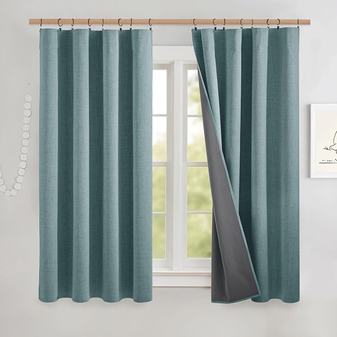 NICETOWN Skylark Blue Linen 100% Blackout Curtains W52 x L48 in, Thermal Insulated & Noise Reducing Small Window Treatments with Grey Liner, Rod Pocket & Back Tab Cafe Curtains for Bathroom, Kitchen
