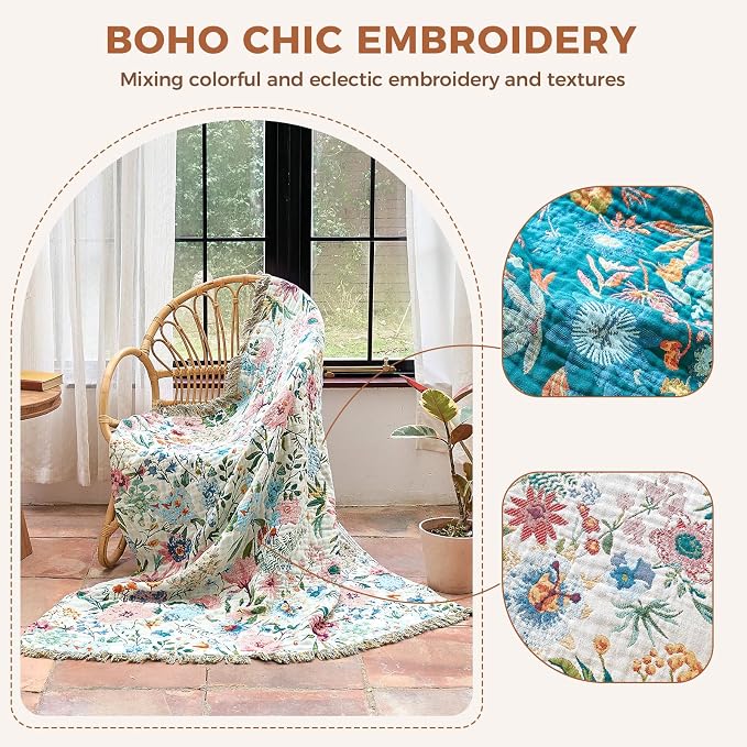 LUTBM Boho Throw Blanket for Bed 60"x80", All Season Cotton Couch Blankets | Reversible Floral Embroidery, Muslin Gauze Twin Quilt, For Chair Sofa Living Room Decor, Lightweight & Breathable, Women Gift