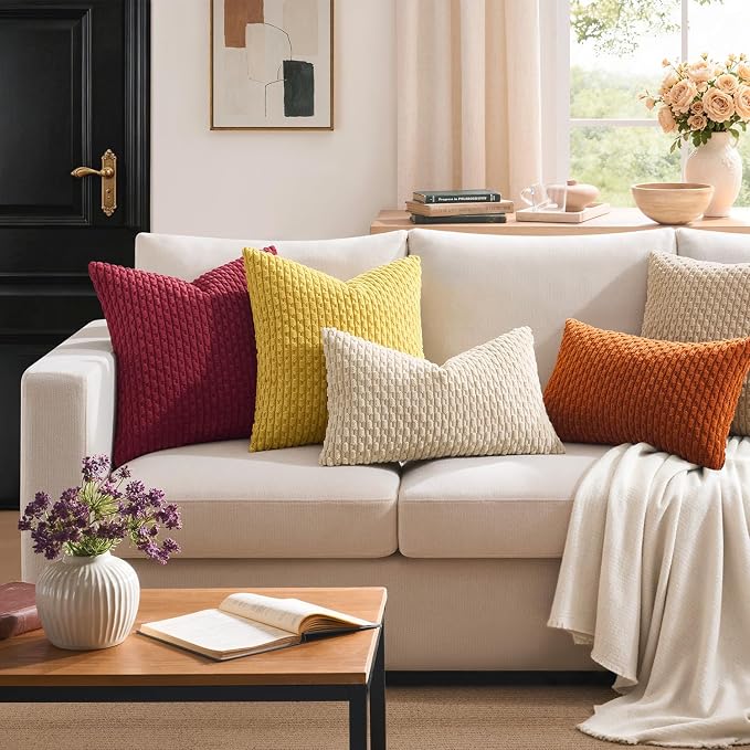 Kevin Textile Soft Corduroy 14"x36" Lumbar Pillow Cover 1 Pack, Beige | Boho Stripe Plush Corduroy Decorative Oblong Cushion Cover Modern Farmhouse Home Decor for Sofa Couch Bed Chair