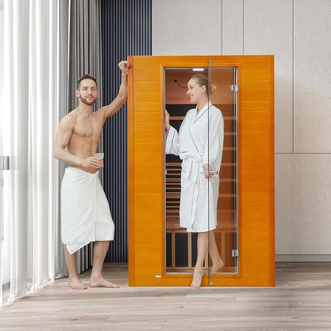 springspa Far Infrared Sauna for Home, Home Indoor Infrared Sauna for 2-Person, Canadian Hemlock Wood Sauna Room with Low Emf Red Light Therapy, 9 Chromotherapy Lights, Bluetooth Speakers
