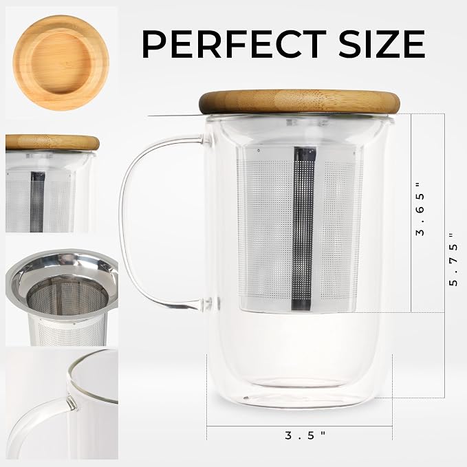 Tealyra - Venus - Tea Cup Infuser - 16-ounce - Double Wall Glass Mug with Lid and Stainless Steel Basket - Perfect Loose Leaf Tea Steeping - 480ml
