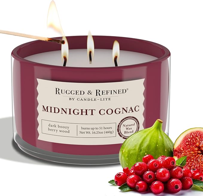 Candle-Lite Scented Candles for Men, Midnight Cognac Fragrance, 16.25 oz Jar, 3-Wick, 51 Hours of Burn Time, Masculine Aromatherapy with Long Lasting Scent, Ideal Gift for Father's Day and Home Decor