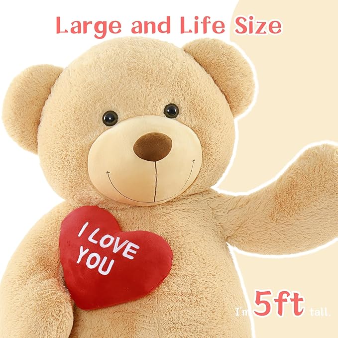 Tezituor 5ft Giant Teddy Bear Stuffed Animals - “I Love You”Red Heart Human Size Teddy Bear for Girlfriend,Boyfriend,Wife,Lover-Birthday, Anniversary, Valentines