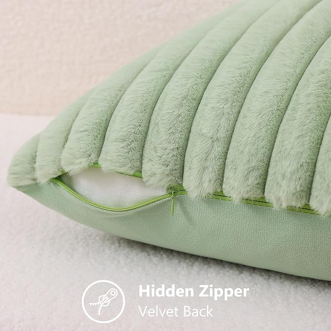 decorUhome Fall Faux Fur Throw Pillow Covers 22x22 Set of 2 Sage Green | Decorative Soft Cozy Striped Plush Modern Farmhouse Boho Couch Pillow Cases Velvet Back for Sofa Bed Living Room Home Decor