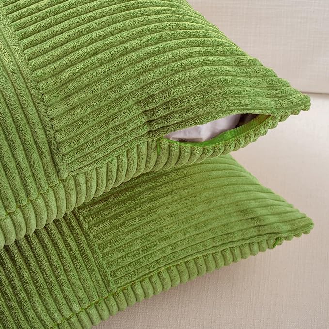 Fancy Homi Set of 2 Lime Green Lumbar Decorative Throw Pillow Covers 16x26 Inch for Living Room Bedroom Couch Bed Sofa, Soft Striped Corduroy Modern Rectangle Accent Cushion Case 65x40 cm
