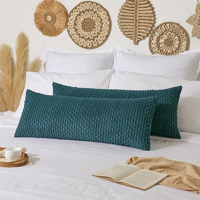 Kevin Textile Soft Corduroy 14"x36" Lumbar Pillow Cover 1 Pack, Teal Blue | Boho Stripe Plush Corduroy Decorative Oblong Cushion Cover Modern Farmhouse Home Decor for Sofa Couch Bed Chair