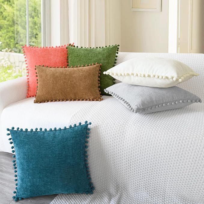 CaliTime Decorative Couch Throw Pillow Covers 22 X 22 Inches Living Coral | Pack of 2, Cozy Chenille Cushion Cases, with Pom Poms for Sofa Bed Living Room Farmhouse Home