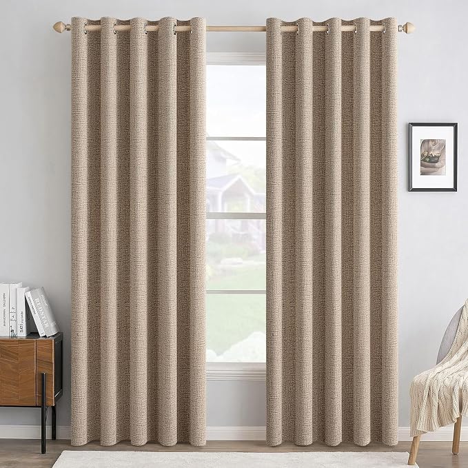 MIULEE 100% Blackout Linen Textured Curtains for Bedroom Solid Thermal Insulated Copper Brown Grommet Room Darkening Curtains & Drapes Luxury Decor for Living Room 62 x 84 Inch (2 Panels)