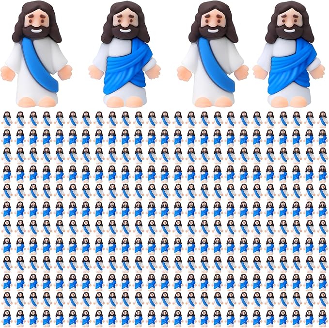 Bememo 300 Pcs Little Jesus Figures Bulk Original Design Mini Pocket Jesus Toys Rubber Figurine to Hide and Seek Religious Party Favors Sunday School Craft Baptism Gifts(Blue)
