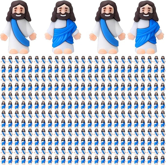 Bememo 300 Pcs Little Jesus Figures Bulk Original Design Mini Pocket Jesus Toys Rubber Figurine to Hide and Seek Religious Party Favors Sunday School Craft Baptism Gifts(Blue)