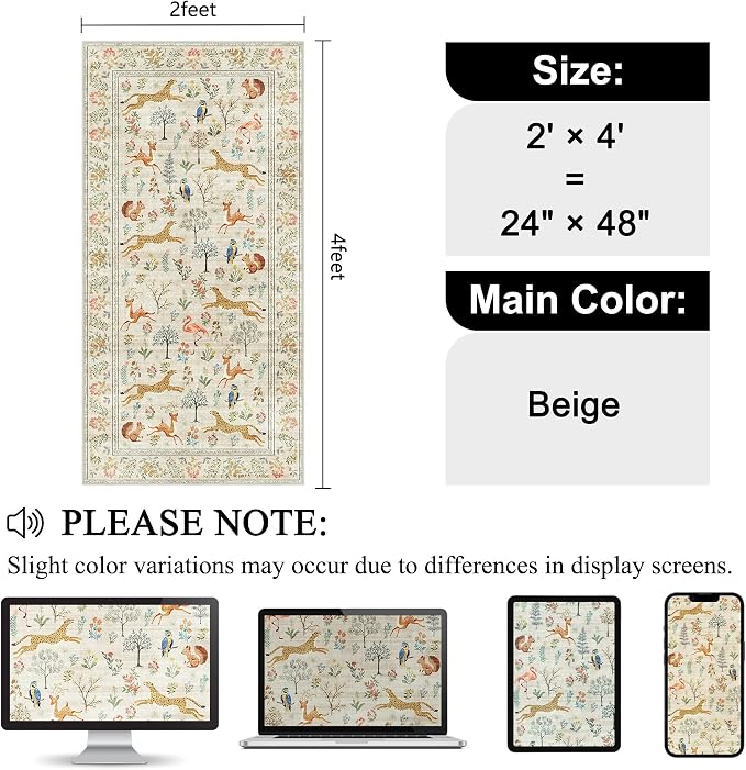 DUKINO 2x4 Rug for Entryway, Animal Washable Runner Rug for Kitchen, Beige | Non Slip, Low Pile, Stain Resistant Thin Indoor Carpet for Hallway, Bedroom, Bathroom, Laundry, Pet Friendly, Non-Shedding
