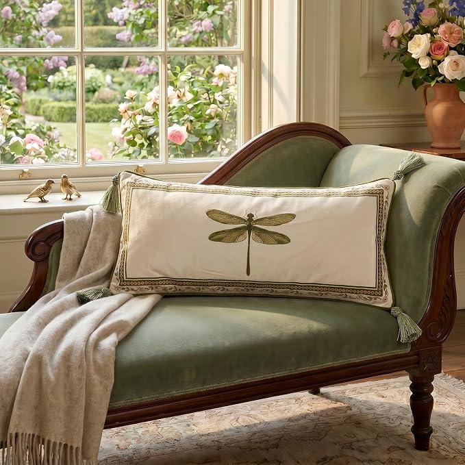 Designer Vintage French Velvet Throw Pillow Cover,28"x12"-Grace C | Pillow Cover,Concealed Zipper Design,Dragonfly Pattern,Sofas,Bedroom,Living Room,Lounge Chairs,All Season Home Decor