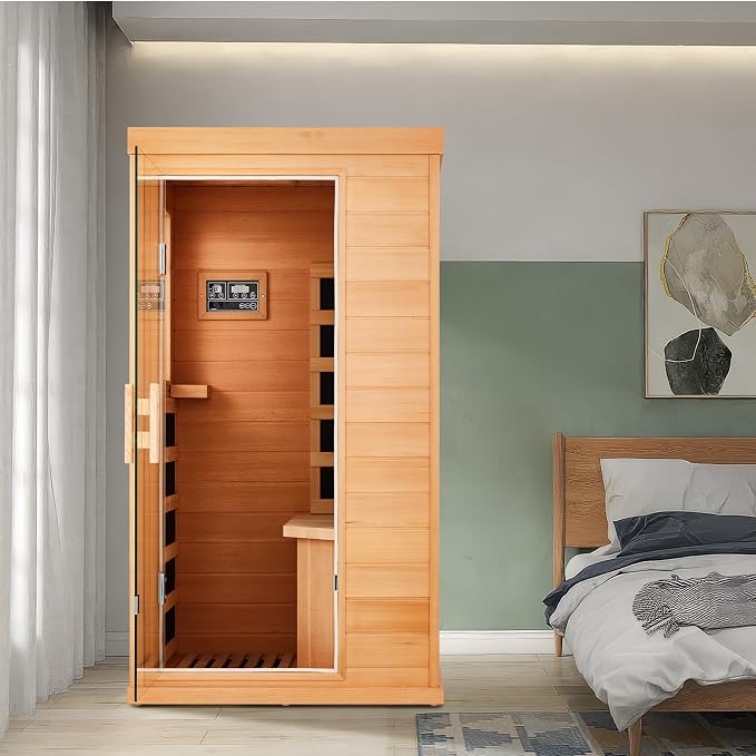 1 Person Sauna, Infrared Home Sauna for Detox & Muscle Recovery, Full Spectrum Hemlock Wooden Dry Sauna with Bluetooth & Tempered Glass Door, Compact Personal Sauna for Gym, 110V
