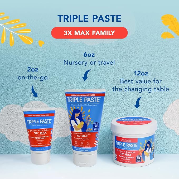 Triple Paste 3X Max Zinc Oxide Diaper Rash Ointment, 12oz Jar – Maximum Strength Diaper Cream for Sensitive Skin