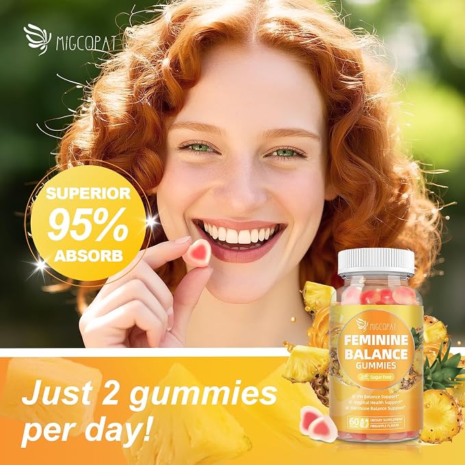 Migcopat Premium Feminine Balance Gummies – 2 Pack, Probiotic + Enzyme Blend for Digestive, Hormone & PH Balance, Pineapple Flavor, 120 Gummies