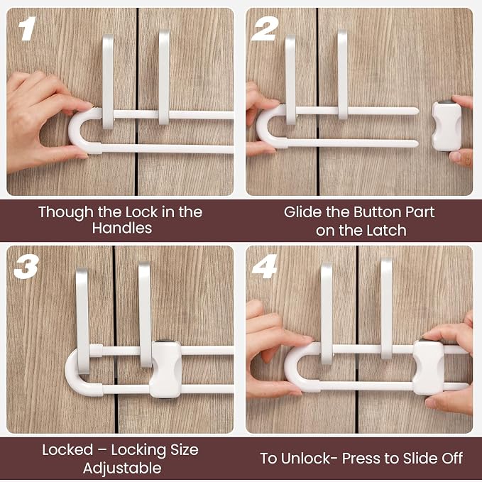 Jetec 10 Pack Baby Cabinet Locks, No Adhesive No Drill Child Safety Locks for Cabinets with Knobs or Handles, Adjustable U-shaped Child Proof Latches for Cupboards, Fridge, Closet, Pets(Brown,White)