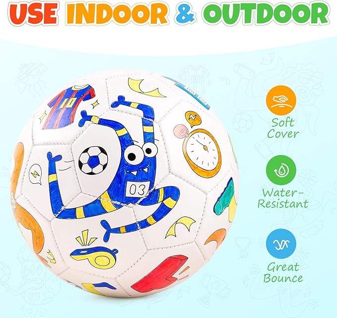 EVERICH TOY Paint Your Own Soccer Ball with Markers, Toddler Arts and Crafts Soccer Gifts, Kids Soccer Ball Size 3 Monster Toys for Boys Girls, Sports Drawing DIY Design Color Play Ball Game with Pump