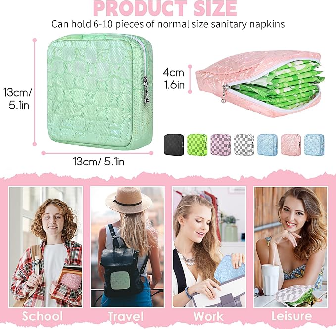 Sanitary Napkin Storage Bag Polyester Fabric Period Bag for Teen Girls Sanitary Pad Pouch for Sanitary Napkins/Tampons/Panty Liners Privacy Protector Pad Bag (Bubble-Check, Pink)