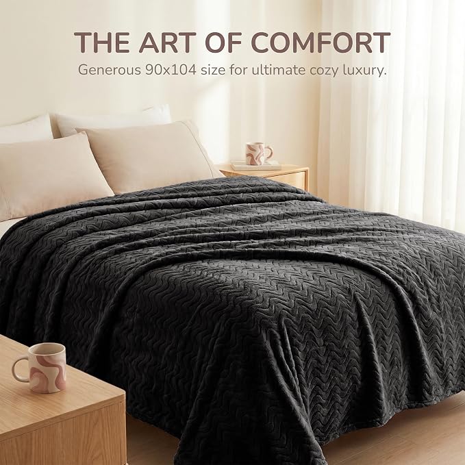 Exclusivo Mezcla Soft Fleece Blanket Twin Size for Bed, Sofa, Black | 90"x66" Breathable Lightweight Flannel Blanket for Summer, Plush Cozy Jacquard Wave for Home Decor