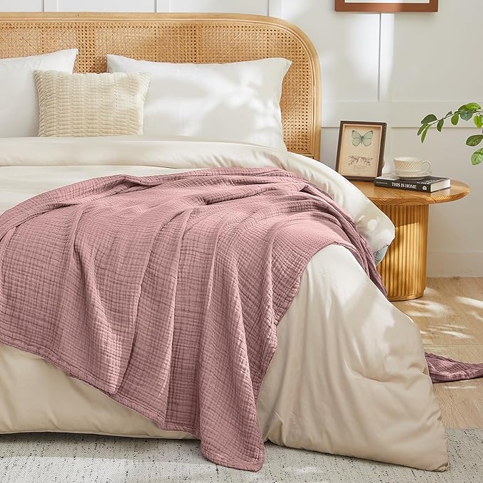 EMME Muslin Blankets for Adults Throw Blanket for Couch Breathable Gauze Soft Lightweight Airy Dusty Pink Queen 90" x 90"