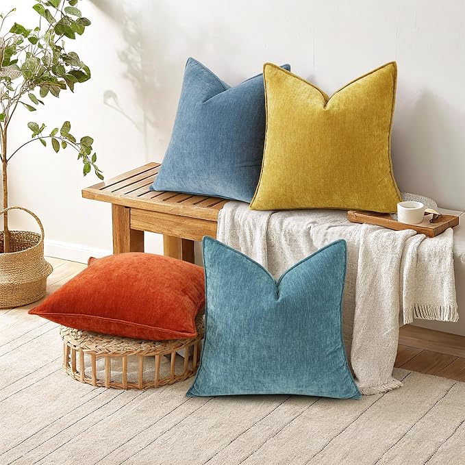 decorUhome Chenille Teal Velvet Throw Pillow Covers 16x16 Set of 2 | Fall Soft Couch Decorative Modern Farmhouse Pillow Cases with Elegant Design for Sofa Bed Living Room Home Decor