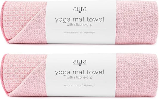 S&T INC. Aura Yoga Mat Towel with Non-Slip Grip, Enhanced Silicone Grip, Soft and Absorbent for Gym, Pilates, and Hot Yoga Mat, 2 Pack, 24 inches x 72 inches, 340GSM, Pink