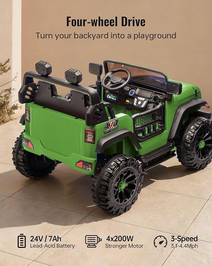Outfunny 2 Seater Ride on Car Toy, 24V 4WD Electric Car for Kids 4-8 with Remote Control, 4x200W Motors, Capacity 150 lb - Army Green