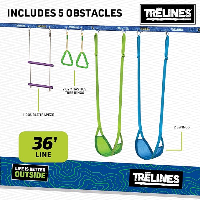 Swingset Gymnastics Kit 36 ft - Slackline Swing Set for Backyard, Monkey Bars & Gymnastics Line - 2 Swings, Double Trapeze bar, 2 Gym Rings - Outdoor Playset for Kids - Ages 3+ Holds 500 lbs.