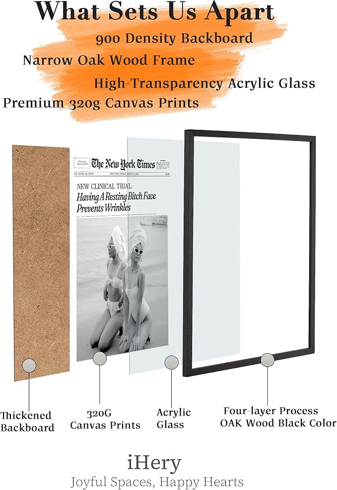 iHery 16x20in Funny Beach Girls Black Framed Newspaper Wall Art | Premium Black Natural OAK Wood Frame with Canvas Print, Retro Magazine Decor for Bathroom Bedroom Dorm, Living Room 1Pack
