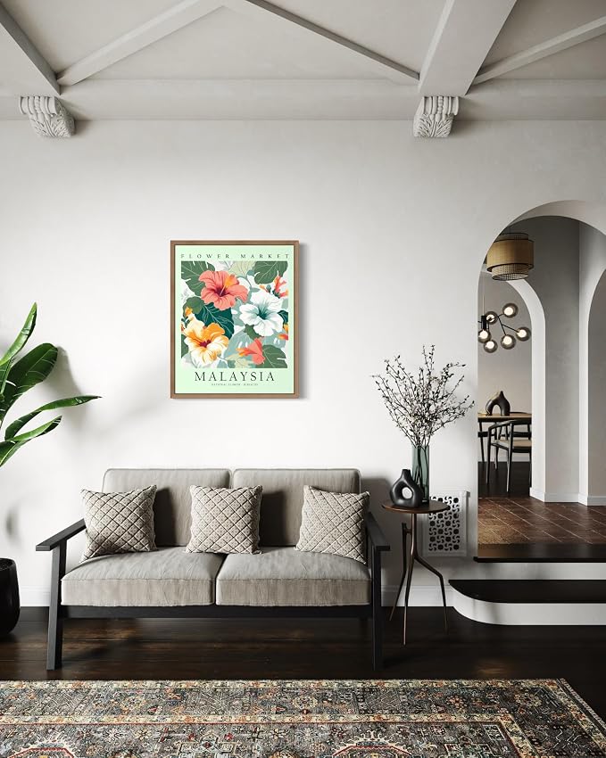Malaysia Flower Market Art Print Poster, Wall Art Floral Painting Botanical Decor for Bedroom, Kitchen, Bathroom Livingroom Decoration 82B (Malaysia, 20"L x 16"W, Wood Frame)