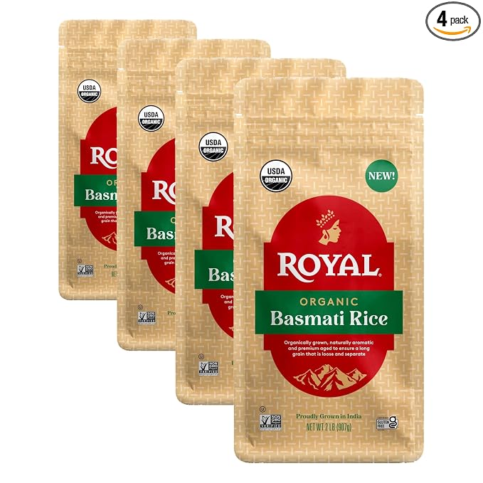 Royal Organic Basmati Rice - Long Grain White Rice - 2 lb Bag - Perfect for Biryanis, Pilafs & Curries - Cook on Stove Top (Pack of 4)