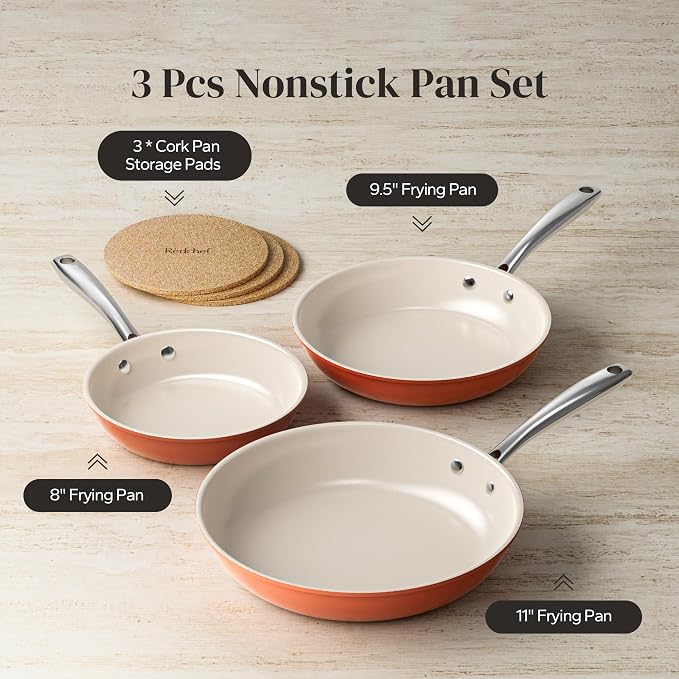 Redchef Nonstick Ceramic Frying Pan Set, Induction Compatible Skillets with Stay Cool Handles & 3 Cork Storage Pads,PFOA PFAS PTFE Free, All stovetop suitable, Oven Safe, Pumpkin Orange（8+9.5+11"）