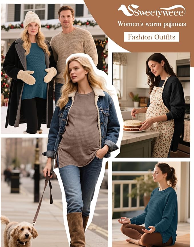 3 Pack Women's Maternity Shirts Long Sleeve Waffle Knit Side Split Oversized Tops Pregnancy Clothes Fall Tees