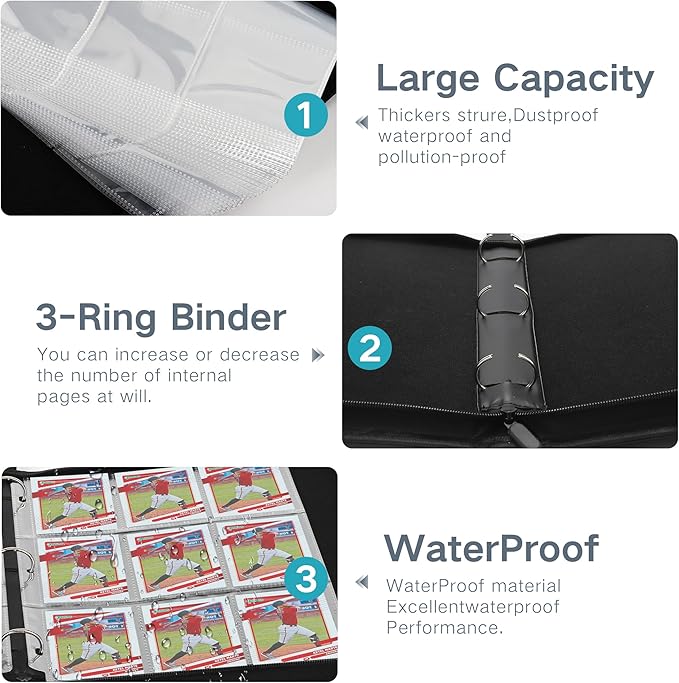 9 Pockets Trading Card Binder with Sleeves Card Organizer, 900 Double Sided Pocket PU Card Collection Binder, Baseball Binder,for Sports Card, MTG, TCG Yugioh Card (Black)