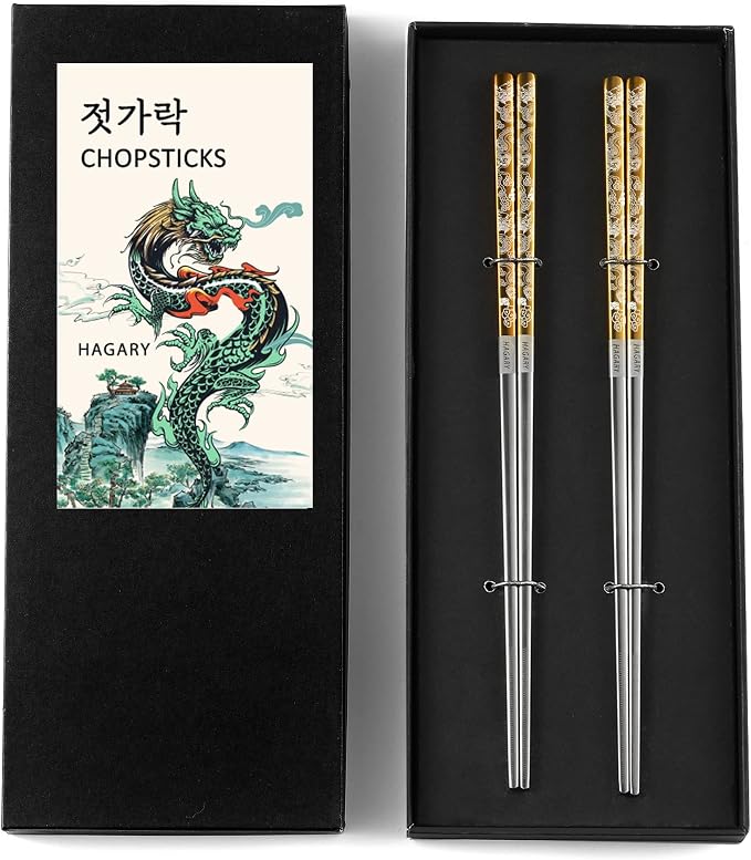 Hagary Dragon Chopsticks Metal Reusable Designed In Korea Japanese Style Stainless Steel 316 18/10 Non-Slip 2 Pairs Dishwasher Safe Laser Etched (Gold)