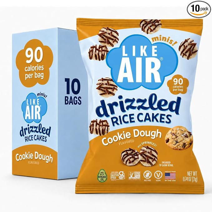 Like Air Drizzled Rice Cakes - Cookie Dough Snack Box (10ct) Vegan/Nut-Free | Cookie Dough Snack Pack (Pack of 10) - 90 Calories Per Bag, Gluten Free Snacks For Kids, Kosher